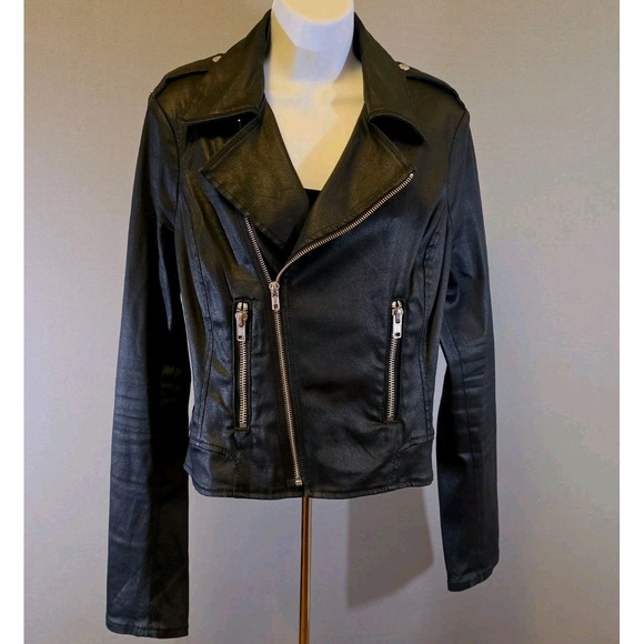 True Religion Jackets & Blazers - True Religion Women's Black Wax Coated Denim Moto Jacket Sz L Biker Grunge Punk
